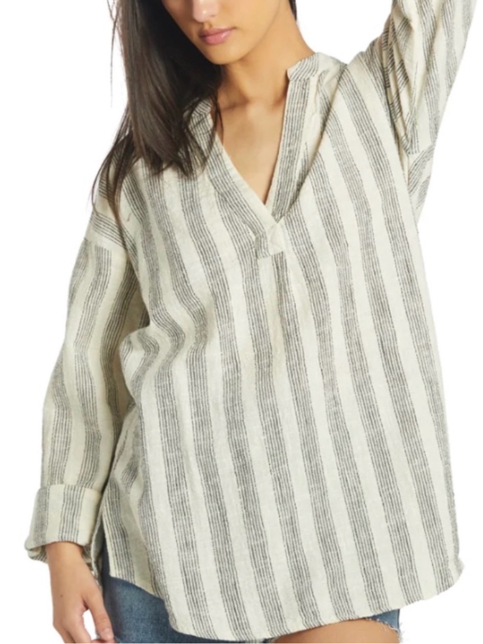 Surfer Rip Curl Cream And Black Striped Long-Sleeve Band Collar Shirt Size M